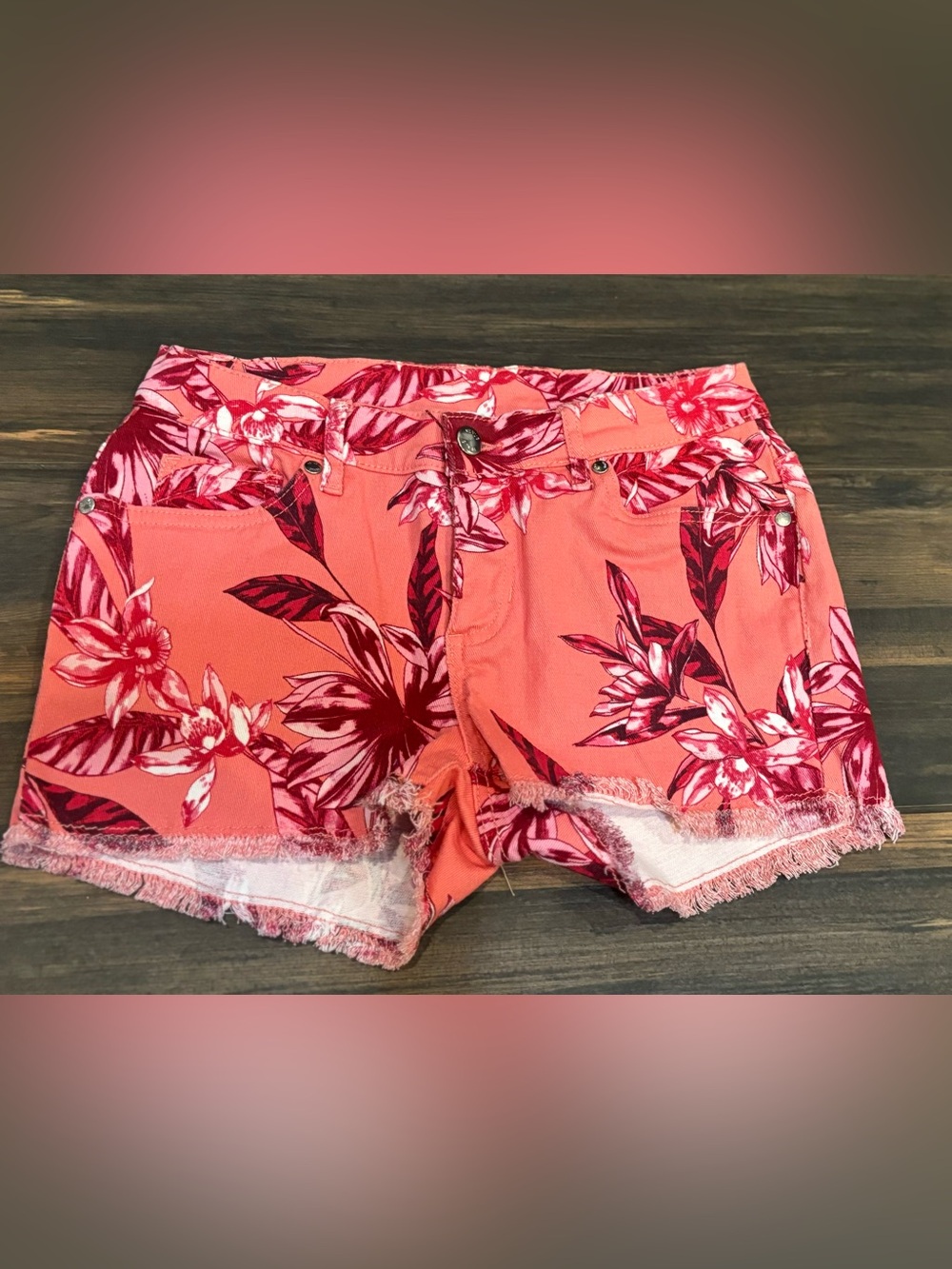 VENUS Coral Denim Shorts with Red and Pink Floral Print (Size 4)